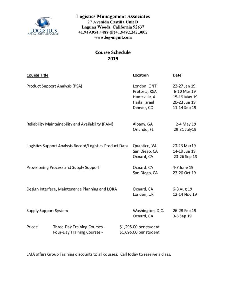 Course Schedule – Logistics Management Associates